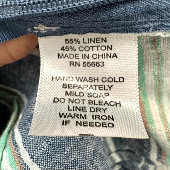 FOR CYNTHIA | Petite Blue Striped Linen Cotton Tie Front Button Blouse | Large - Picture 7 of 7